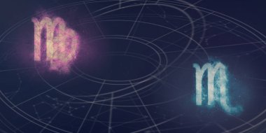 Başak ve akrep burç uyumluluğu imzalar. Gece gökyüzü arka plan