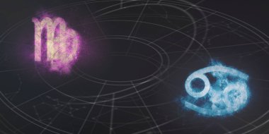 Başak ve kanser burç uyumluluğu imzalar. Gece gökyüzü arka plan