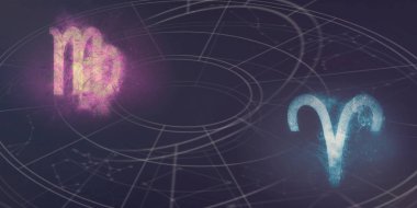 Başak ve Koç Astroloji Uyumluluk işaretleri. Gece gökyüzü arka plan