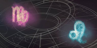 Başak ve aslan astroloji uyumluluk işaretleri. Gece gökyüzü arka plan