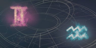 İkizler ve Kova burç uyumluluğu imzalar. Gece gökyüzü arka plan