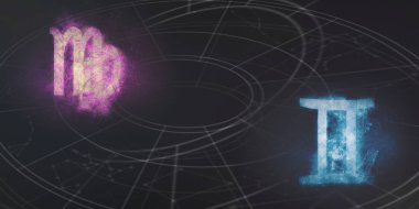 Başak ve ikizler burç uyumluluğu imzalar. Gece gökyüzü arka plan