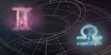 İkizler ve Terazi burç uyumluluğu imzalar. Gece gökyüzü arka plan