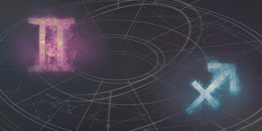 İkizler ve Yay burç uyumluluğu imzalar. Gece gökyüzü arka plan