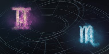 İkizler ve akrep burç uyumluluğu imzalar. Gece gökyüzü arka plan