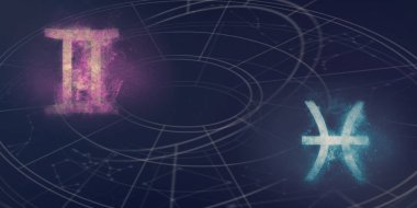 İkizler ve Balık burç uyumluluğu imzalar. Gece gökyüzü arka plan