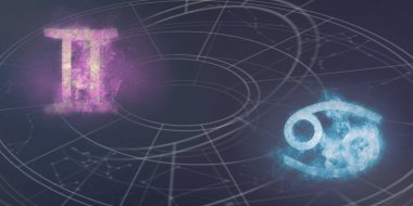 İkizler ve Kanser Astroloji Uyumluluk işaretleri. Gece gökyüzü arka plan