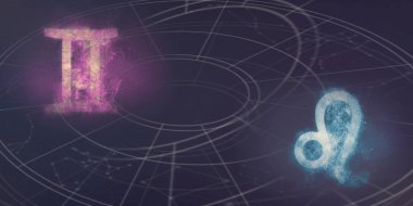İkizler ve Leo Astroloji Uyumluluk işaretleri. Gece gökyüzü arka plan
