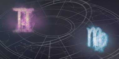 İkizler ve Başak Burç uyumluluğu imzalar. Gece gökyüzü arka plan