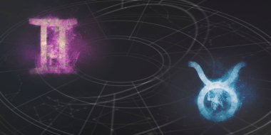 İkizler ve Toros Astroloji Uyumluluk işaretleri. Gece gökyüzü 