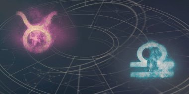 Boğa ve Terazi Astroloji Uyumluluk işaretleri. Gece gökyüzü arka plan.