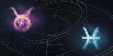 Boğa ve Balık Astroloji Uyumluluk işaretleri. Gece gökyüzü arka plan.