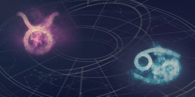 Toros ve kanser burç uyumluluğu imzalar. Gece gökyüzü arka plan.