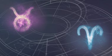 Boğa ve Koç Astroloji Uyumluluk işaretleri. Gece gökyüzü arka plan.