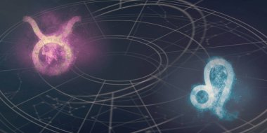 Boğa ve Leo Astroloji Uyumluluk işaretleri. Gece gökyüzü arka plan.