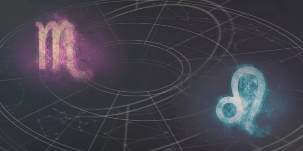 Akrep Leo Astroloji Uyumluluk Işaretleri Gece Gökyüzü Arka Plan — Stok fotoğraf