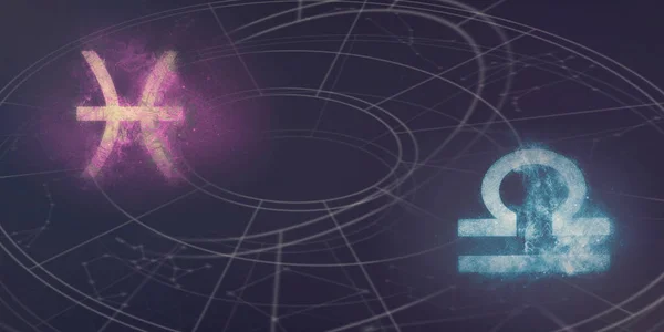 Fische Und Waage Horoskop Zeichen Kompatibilität Nachthimmel Abstrakter Hintergrund — Stockfoto