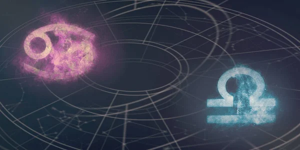Krebs Und Waage Horoskop Signalisieren Kompatibilität Nachthimmel Abstrakter Hintergrund — Stockfoto