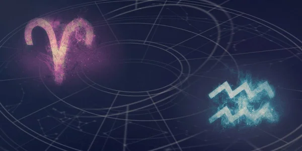 Κριός Και Υδροχόος Ωροσκόπιο Συμβατότητα Σημάδια Αφηρημένα Φόντο Του Ουρανού — Φωτογραφία Αρχείου