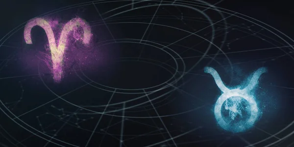 白羊座和金牛星座的占星标志相容 夜空抽象背景 — 图库照片