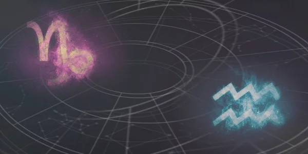 Steinbock Und Wassermann Horoskop Signalisieren Kompatibilität Nachthimmel Abstrakter Hintergrund — Stockfoto