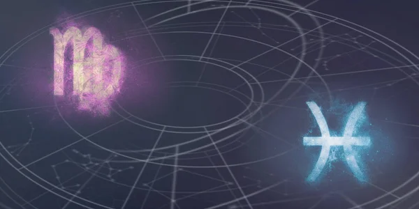 Jungfrau Und Fische Horoskop Zeichen Kompatibilität Nachthimmel Abstrakter Hintergrund — Stockfoto