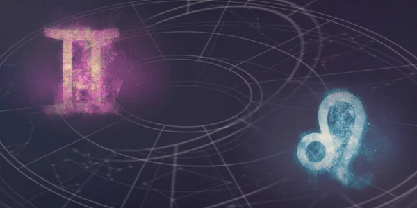 Kizler Leo Astroloji Uyumluluk Işaretleri Gece Gökyüzü Arka Plan — Stok fotoğraf