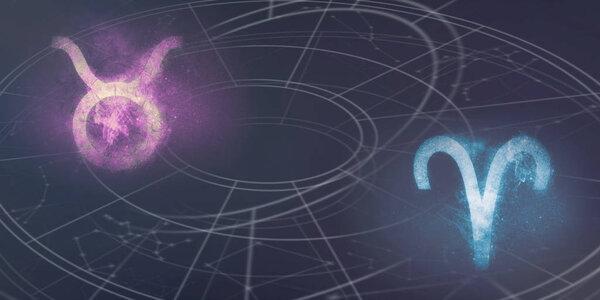 Taurus and Aries horoscope signs compatibility. Night sky Abstract background.