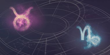 Boğa ve Oğlak burç uyumluluğu imzalar. Gece gökyüzü arka plan.