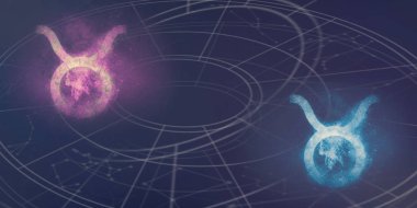 Toros ve Toros Astroloji işaretler uyumluluk. Gece gökyüzü arka plan.