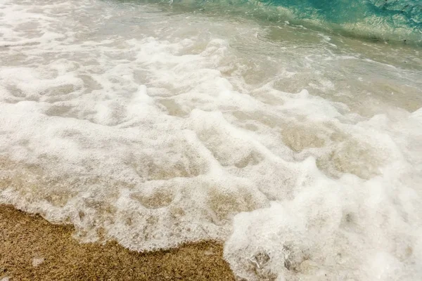 Vague Océan Bleu Sur Plage Sable Gros Plan Été Fond — Photo