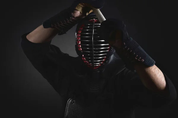 Kendo Vechter Met Shinai Bamboe Zwaard Traditie Kendo Armor — Stockfoto