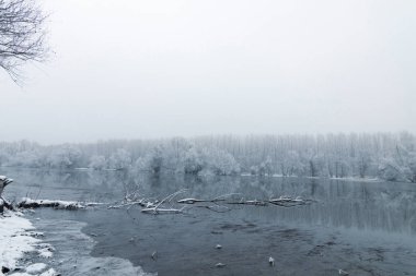 Kışın donmuş göl, kışın göl manzarası suda yansıyor.