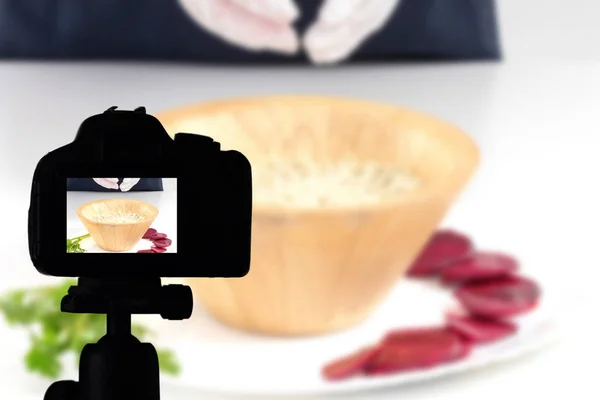 Jonge Vrouw Opname Van Haar Video Blog Gezonde Voedselbereiding Food — Stockfoto