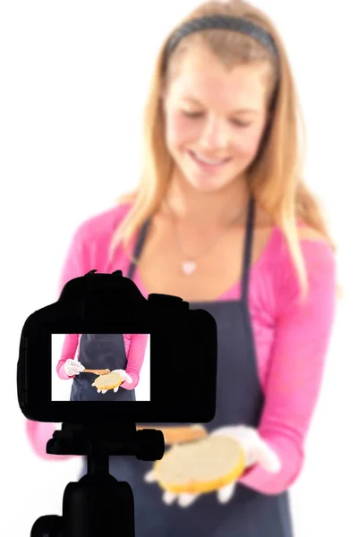 Mulher Jovem Gravando Seu Blog Vídeo Preparação Alimentos Saudáveis Conceito — Fotografia de Stock