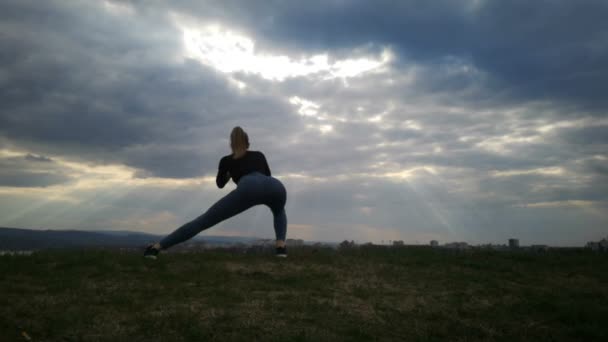 缓慢运动年轻妇女锻炼在公园剪影 适合年轻女子做训练锻炼慢动作 年轻快乐的女子在跑步锻炼后在公园里伸展身体 户外运动的概念 — 图库视频影像