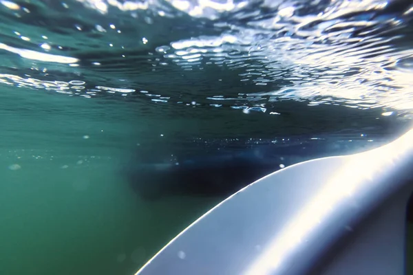 Podwodne wiosło, piasek w górę paddle Boarding widok podwodny. — Zdjęcie stockowe