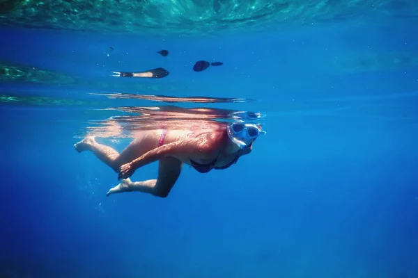Femmes Plongée en apnée dans la mer tropicale, Femmes sous-marines — Photo