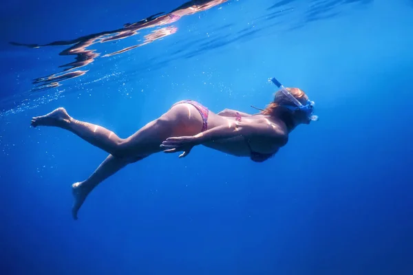 Femmes Plongée en apnée dans la mer tropicale, Femmes sous-marines — Photo