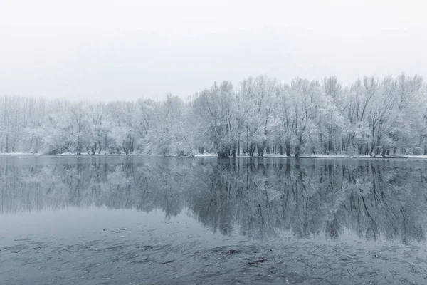 Winter lake scene reflecting in the water — Stock Photo, Image