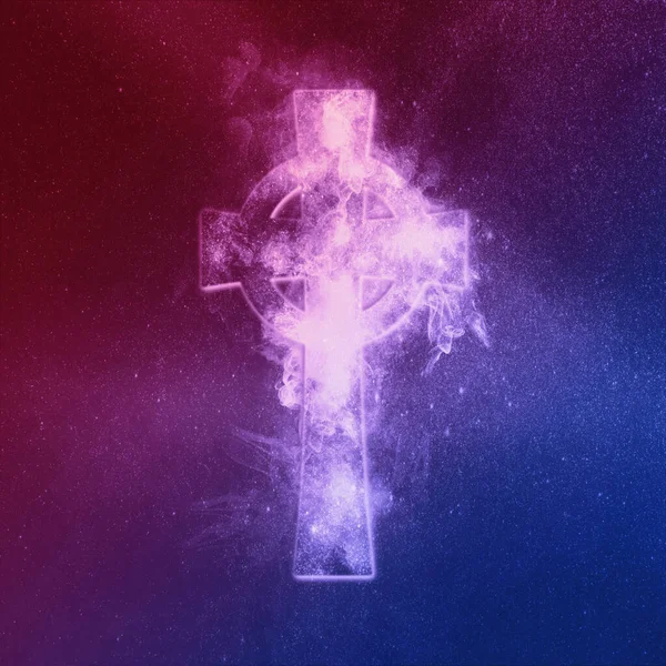 Celtic cross symbol Red Blue. Abstract night sky background.