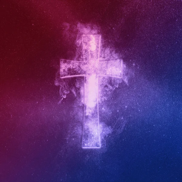Símbolo da cruz cristã Vermelho Azul. Abstrato céu noite fundo . — Fotografia de Stock