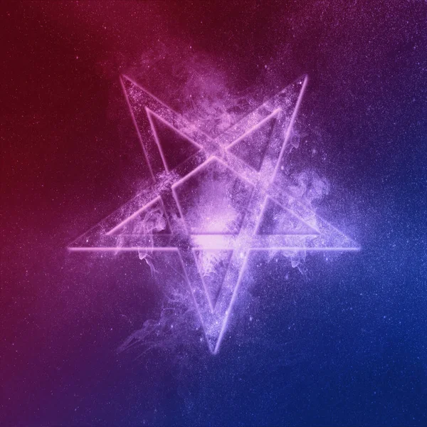 Ανεστραμμένο σύμβολο Pentagram Κόκκινο Μπλε. Αφηρημένη νυχτερινό ουρανό backgroun — Φωτογραφία Αρχείου