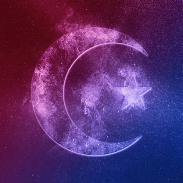 Symbol of Islam Red Blue. Star and crescent moon. Abstract night