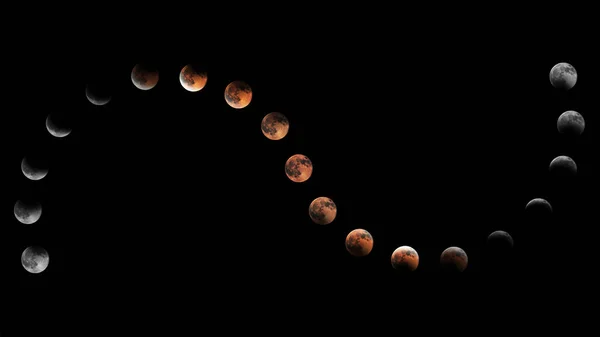 Фазы лунного затмения, Кровавая луна, Композитное лунное затмение — стоковое фото