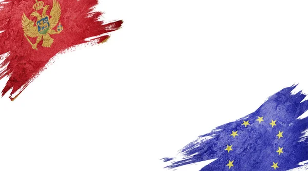 Karadağ Avrupa Birliği Bayrakları Beyaz Sırtüstü — Stok fotoğraf