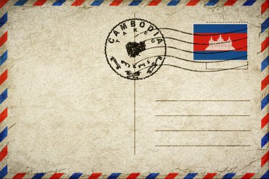 Cambodia Takeo Vintage Air Mail Envelope with Flag and Postmark