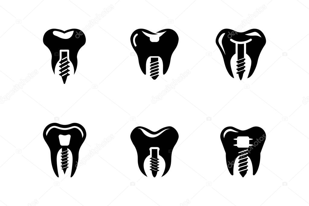 Icon Set Depicting Tooth Implant Variations and Structures Logo Vector Illustration isolated on white background