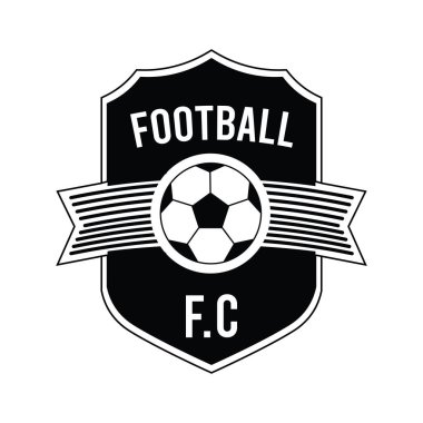 Bu logo, futbol kulüpleri veya spor markaları için mükemmel, merkezi futbol toplu şık bir siyah beyaz tasarım sergiliyor. Zarif kalkan şekli geleneksel bir dokunuş ekler..