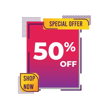 Cesur reklam afişi,% 50 indirimli mesajla canlı bir gradyan içeriyor ve müşterileri özel tekliften faydalanmaya teşvik ediyor. Tasarım bir eylem çağrısı içeriyor.